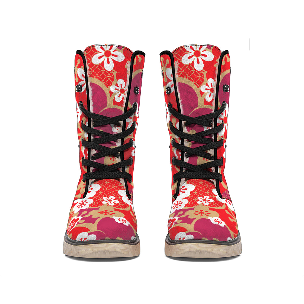 Flower Kimono Pattern Print Winter Boots