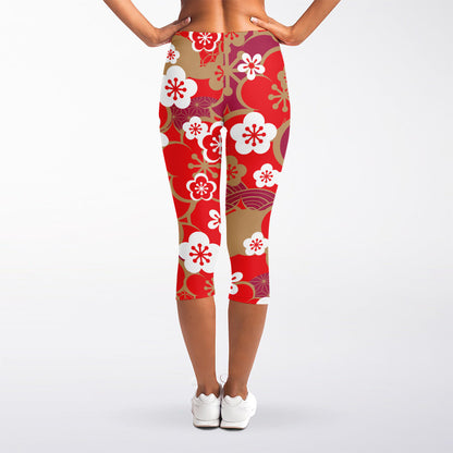 Flower Kimono Pattern Print Women's Capri Leggings