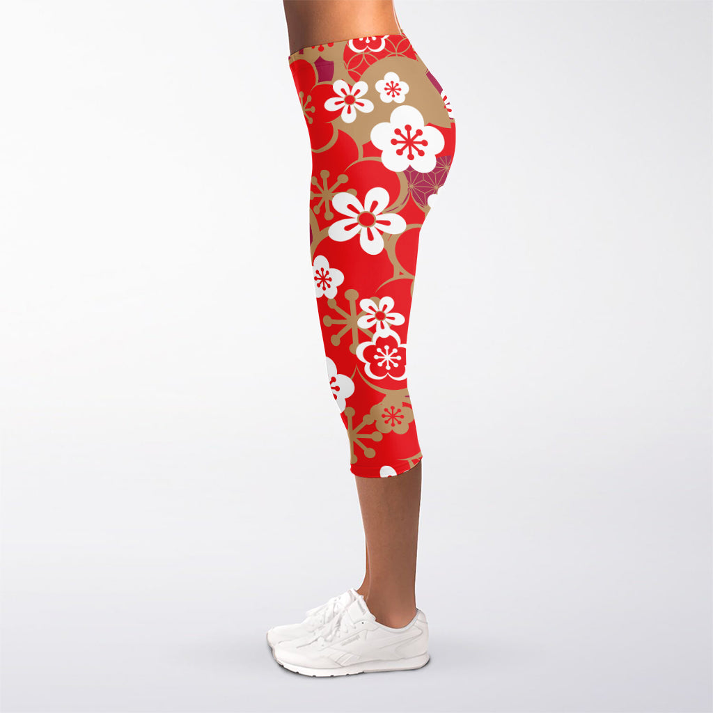 Flower Kimono Pattern Print Women's Capri Leggings