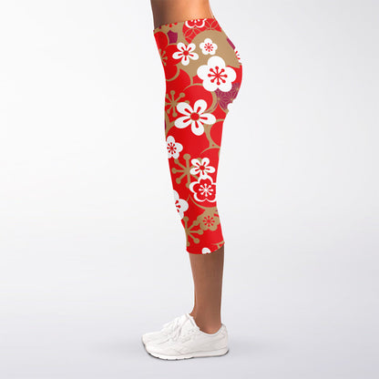 Flower Kimono Pattern Print Women's Capri Leggings