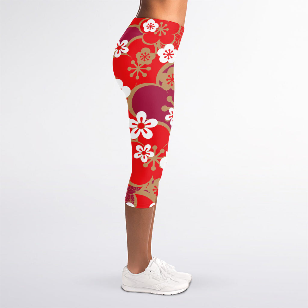 Flower Kimono Pattern Print Women's Capri Leggings
