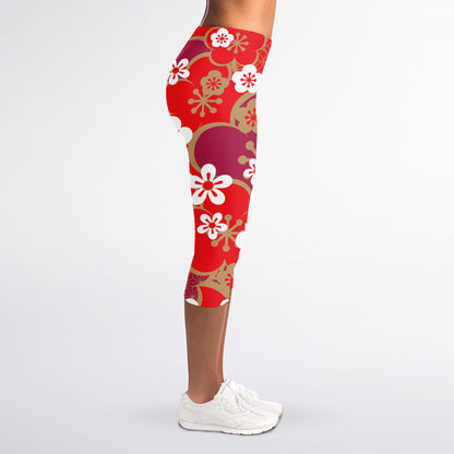 Flower Kimono Pattern Print Women's Capri Leggings