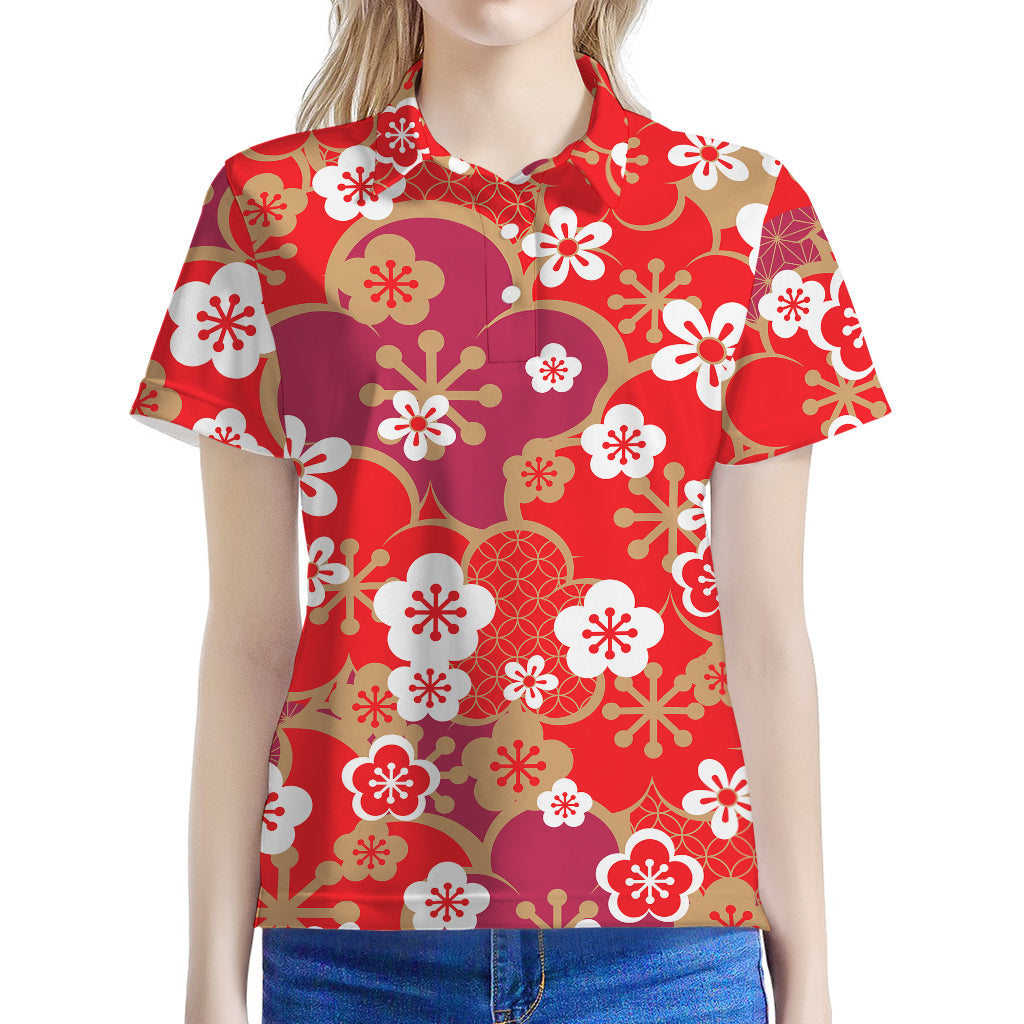 Flower Kimono Pattern Print Women's Polo Shirt