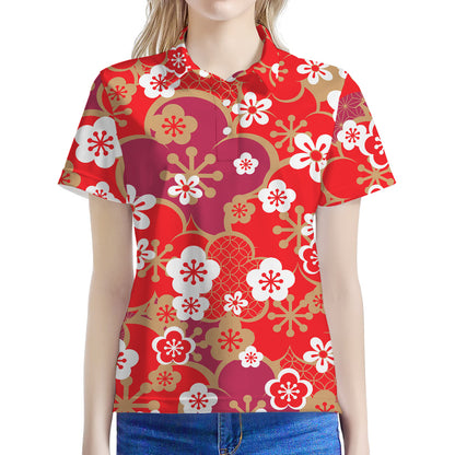 Flower Kimono Pattern Print Women's Polo Shirt
