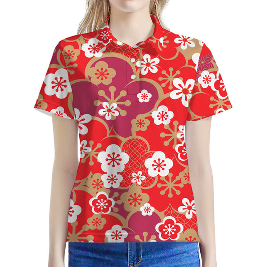 Flower Kimono Pattern Print Women's Polo Shirt