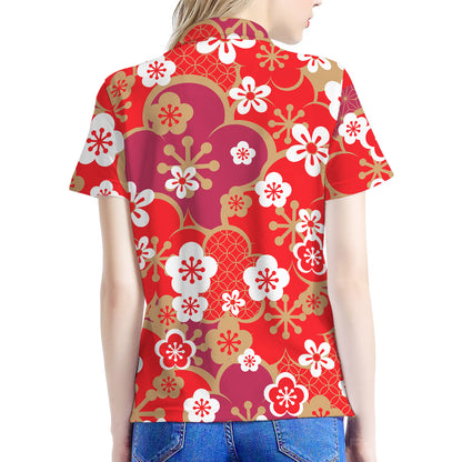Flower Kimono Pattern Print Women's Polo Shirt