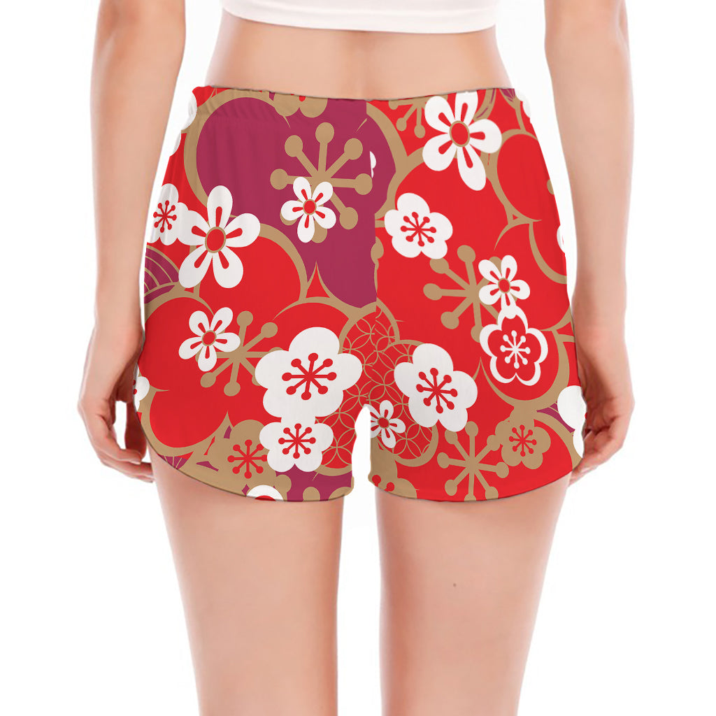 Flower Kimono Pattern Print Women's Split Running Shorts