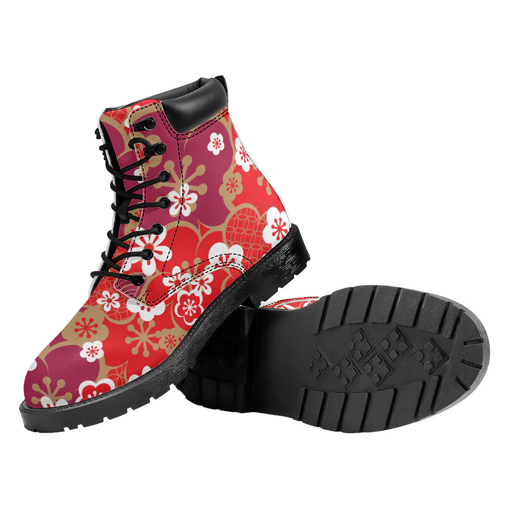 Flower Kimono Pattern Print Work Boots