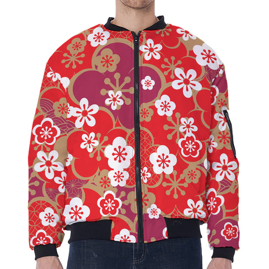 Flower Kimono Pattern Print Zip Sleeve Bomber Jacket