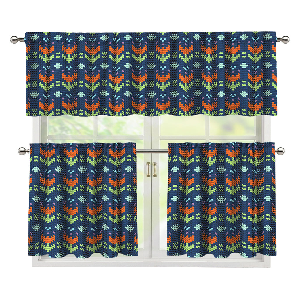 Flower Knitted Pattern Print 3 Piece Kitchen Curtains