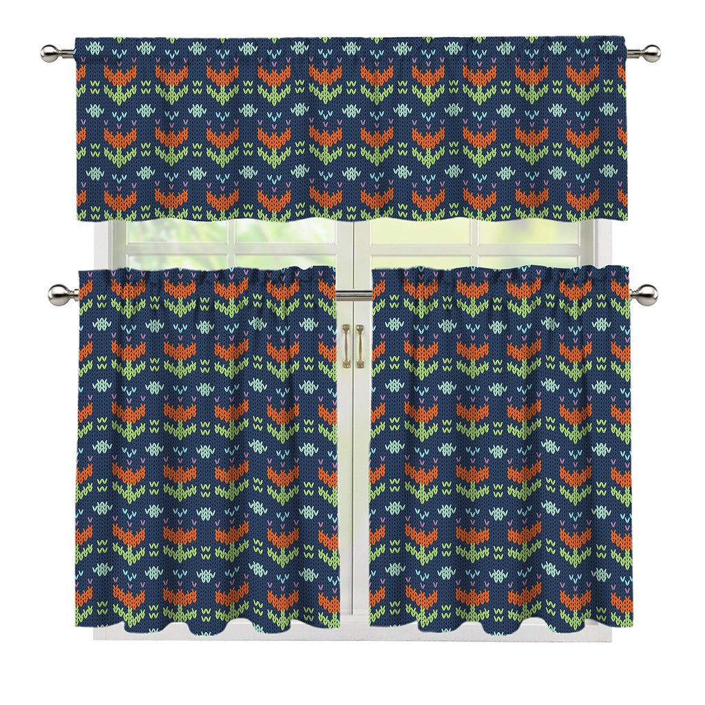 Flower Knitted Pattern Print 3 Piece Kitchen Curtains