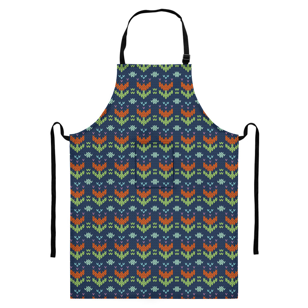 Flower Knitted Pattern Print Bib Apron With Pocket