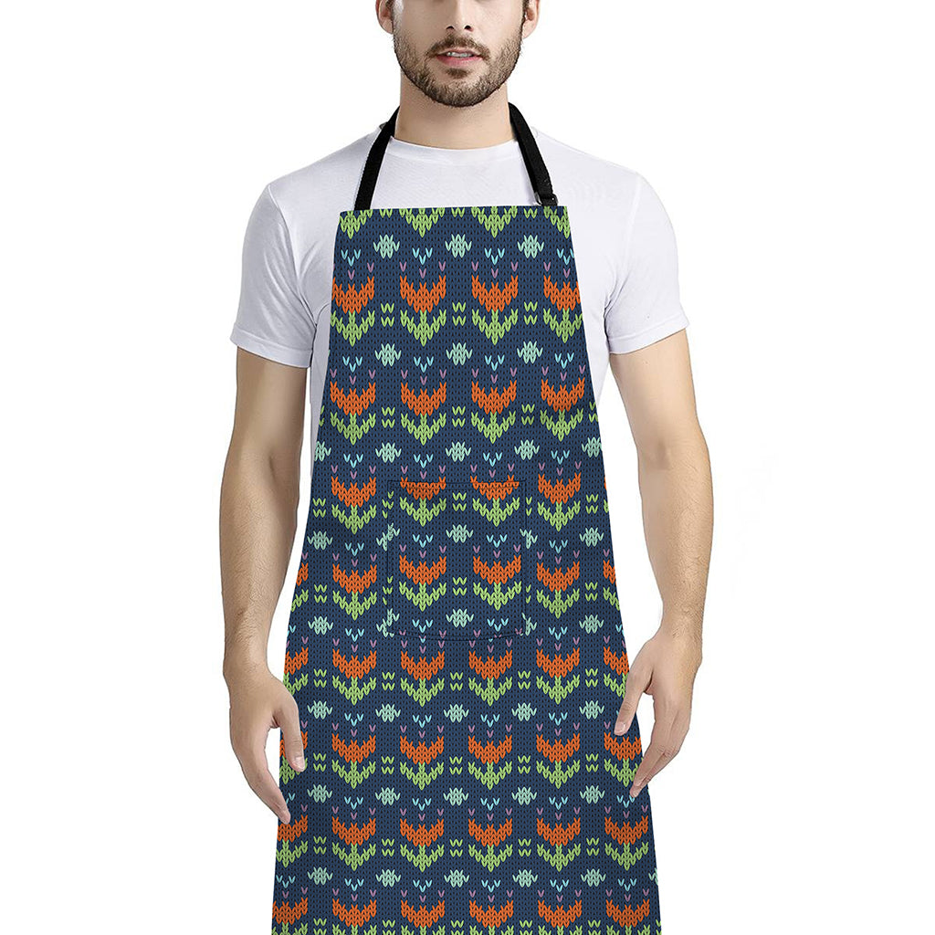 Flower Knitted Pattern Print Bib Apron With Pocket
