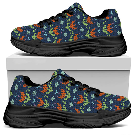 Flower Knitted Pattern Print Black Chunky Shoes