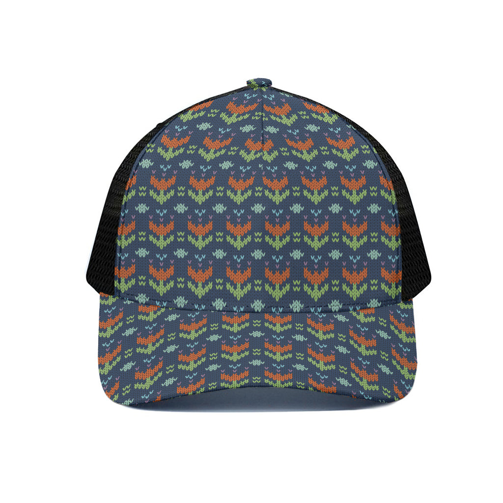 Flower Knitted Pattern Print Black Mesh Trucker Cap