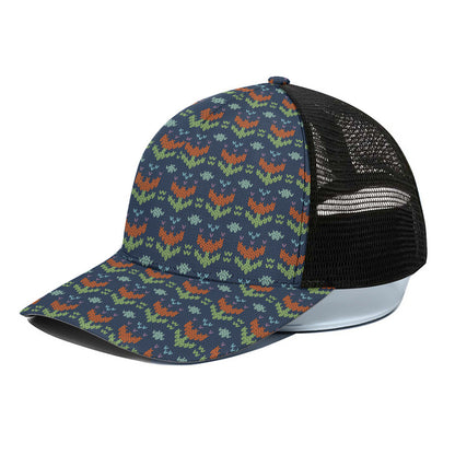 Flower Knitted Pattern Print Black Mesh Trucker Cap