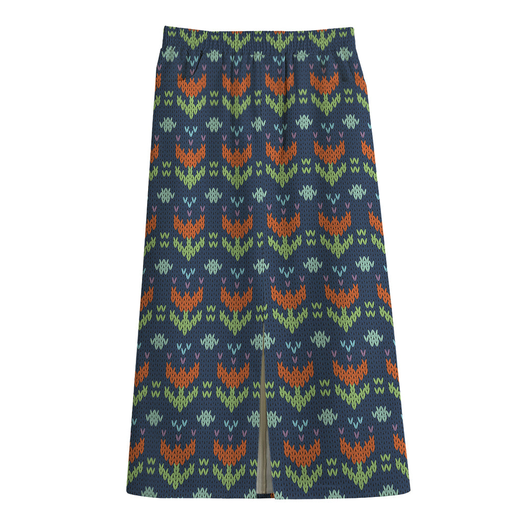 Flower Knitted Pattern Print Cotton Front Slit Maxi Skirt