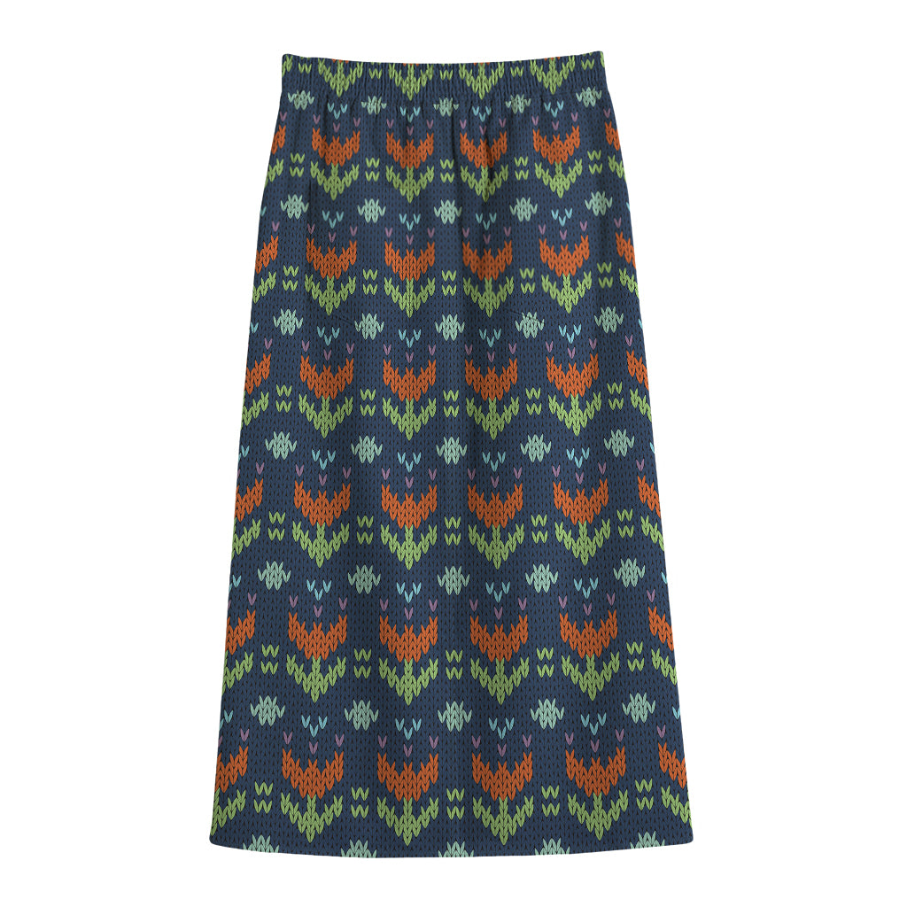 Flower Knitted Pattern Print Cotton Front Slit Maxi Skirt