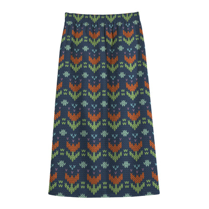 Flower Knitted Pattern Print Cotton Front Slit Maxi Skirt