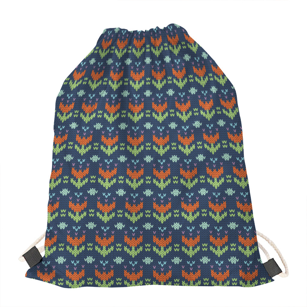 Flower Knitted Pattern Print Drawstring Bag