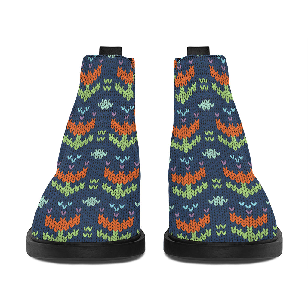 Flower Knitted Pattern Print Flat Ankle Boots