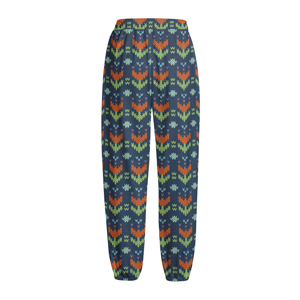 Flower Knitted Pattern Print Fleece Lined Knit Pants