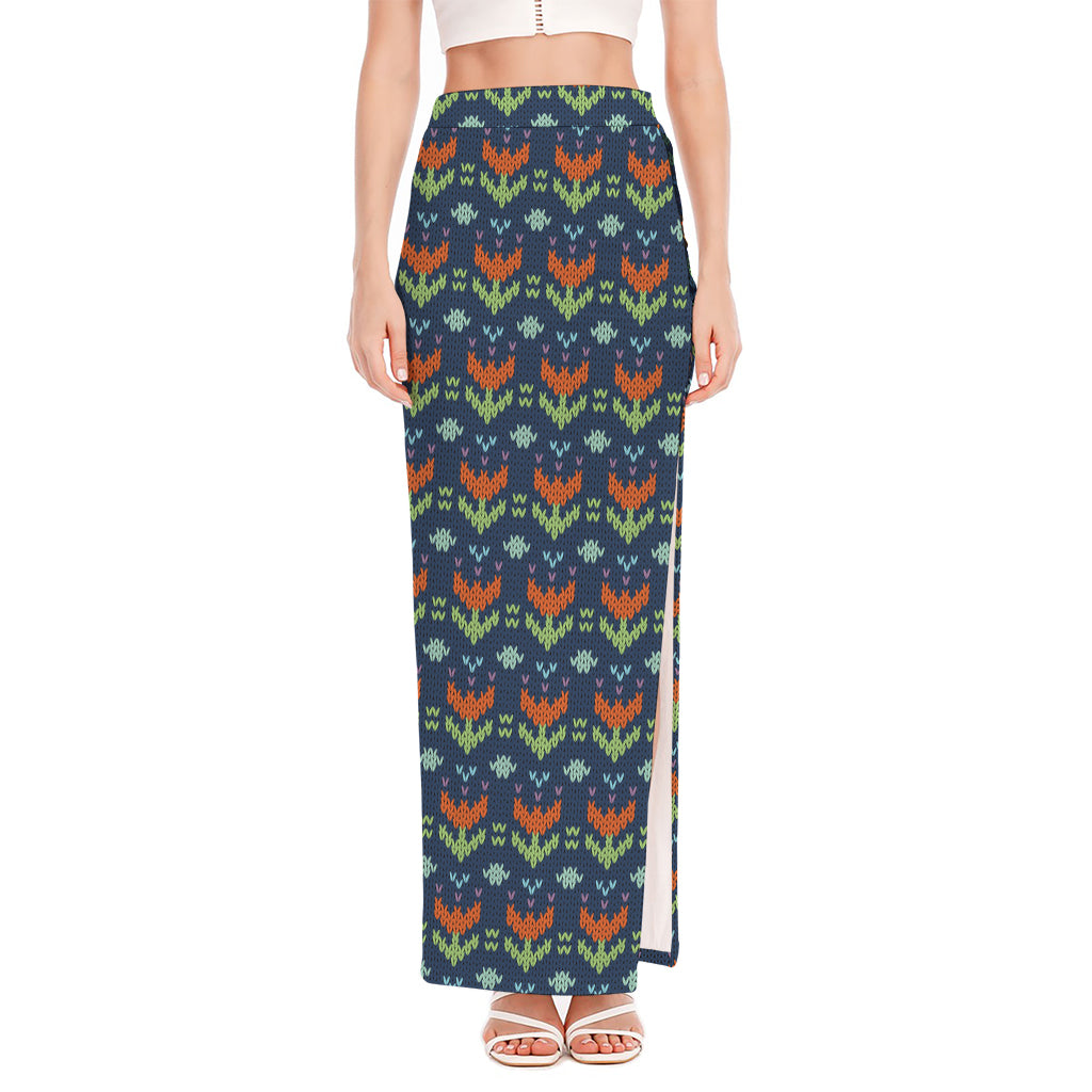 Flower Knitted Pattern Print High Slit Maxi Skirt