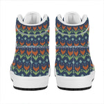 Flower Knitted Pattern Print High Top Leather Sneakers