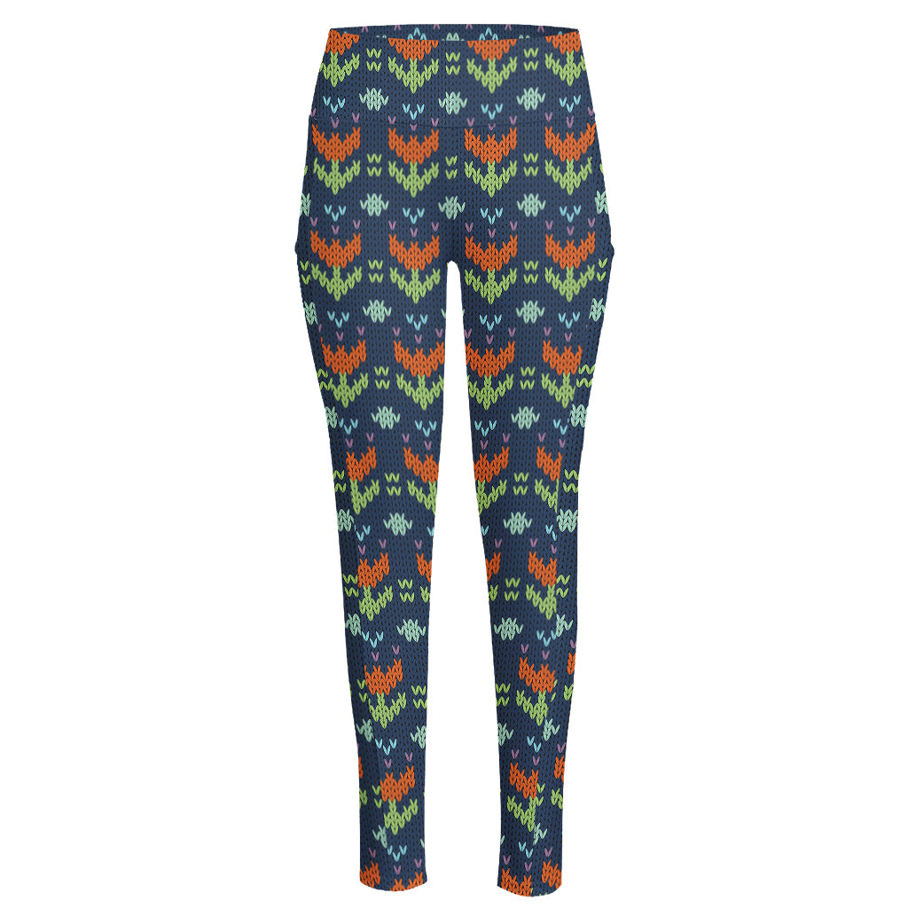 Flower Knitted Pattern Print High-Waisted Pocket Leggings