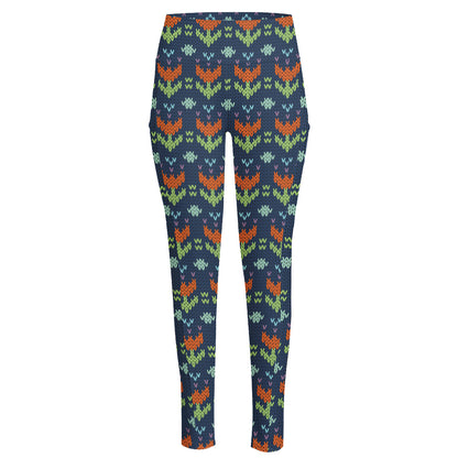 Flower Knitted Pattern Print High-Waisted Pocket Leggings
