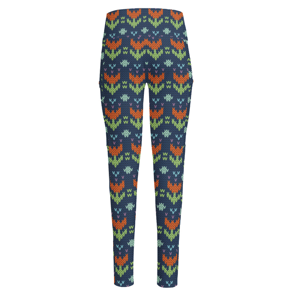 Flower Knitted Pattern Print High-Waisted Pocket Leggings