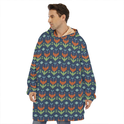 Flower Knitted Pattern Print Hoodie Blanket