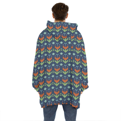 Flower Knitted Pattern Print Hoodie Blanket