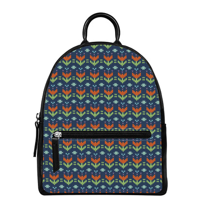 Flower Knitted Pattern Print Leather Backpack