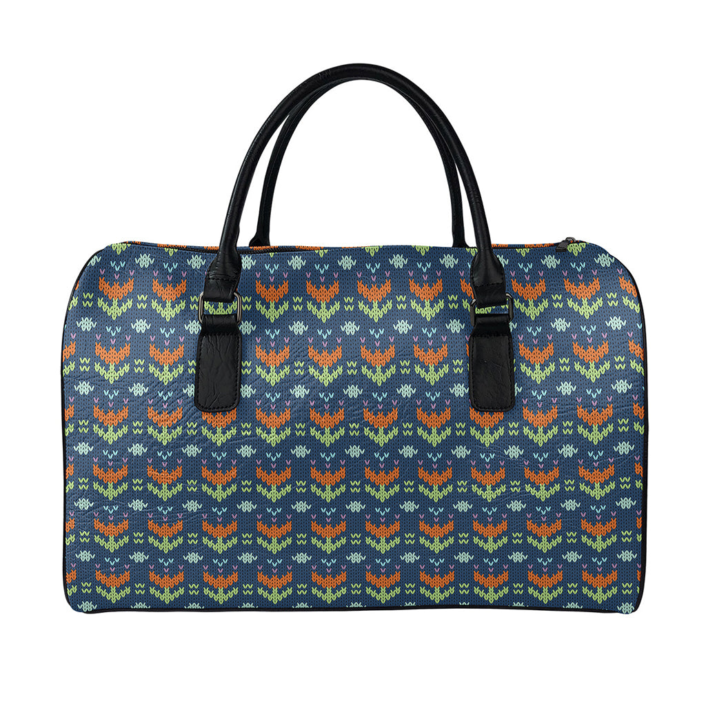 Flower Knitted Pattern Print Leather Duffle Bag
