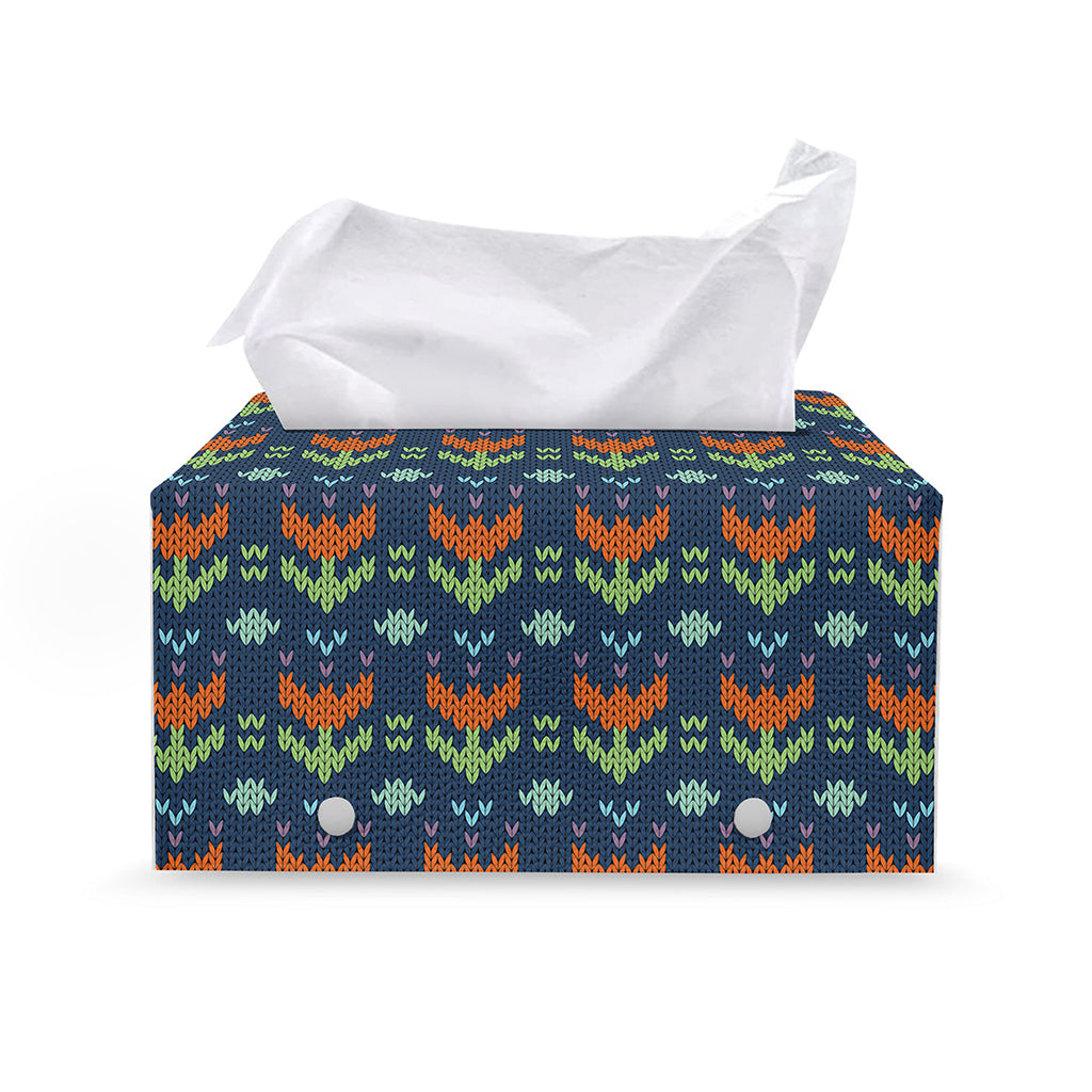 Flower Knitted Pattern Print Leather Tissue Box Cover
