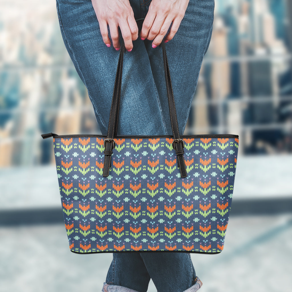 Flower Knitted Pattern Print Leather Tote Bag