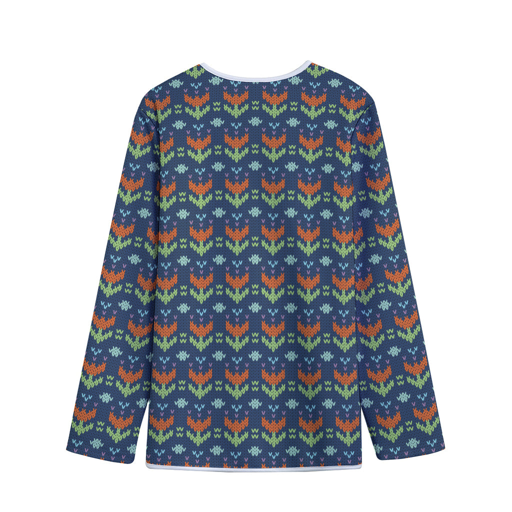 Flower Knitted Pattern Print Long Sleeve Short Coat