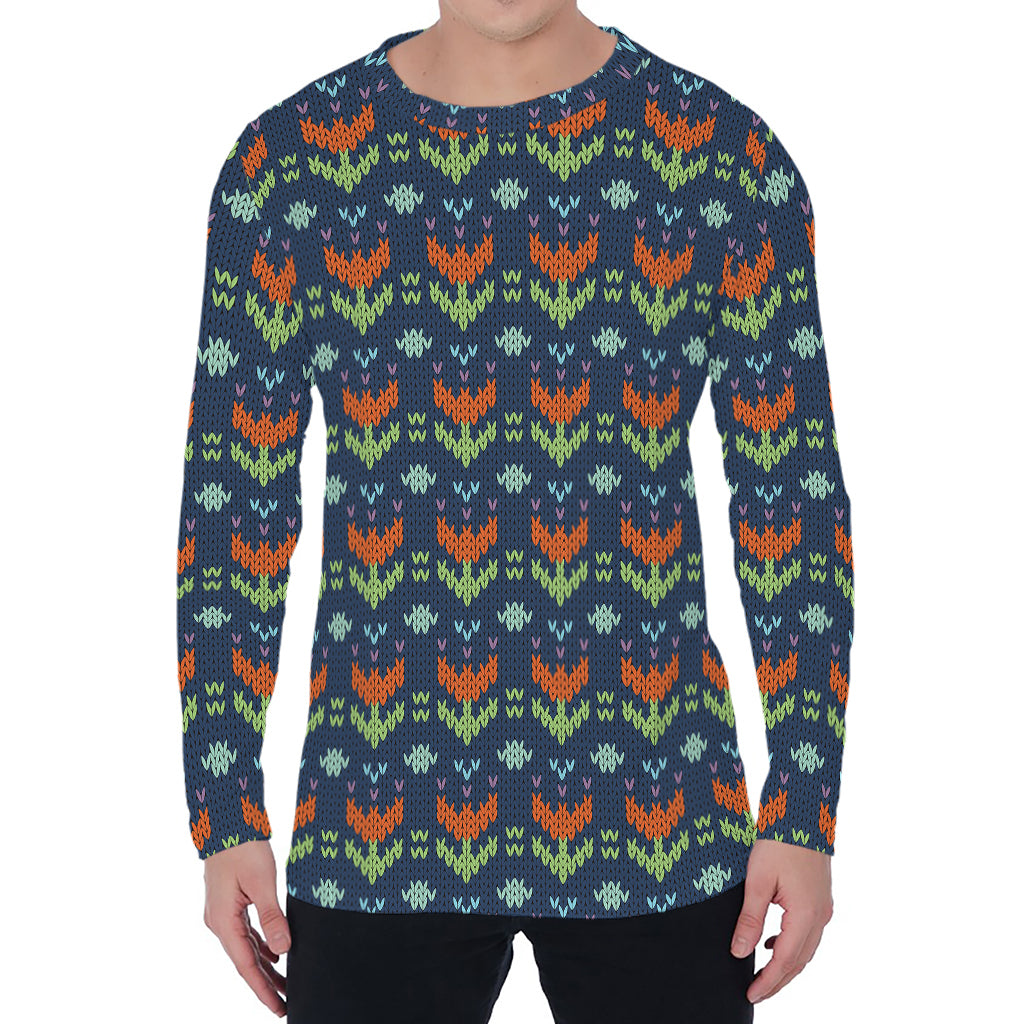 Flower Knitted Pattern Print Men's Long Sleeve T-Shirt