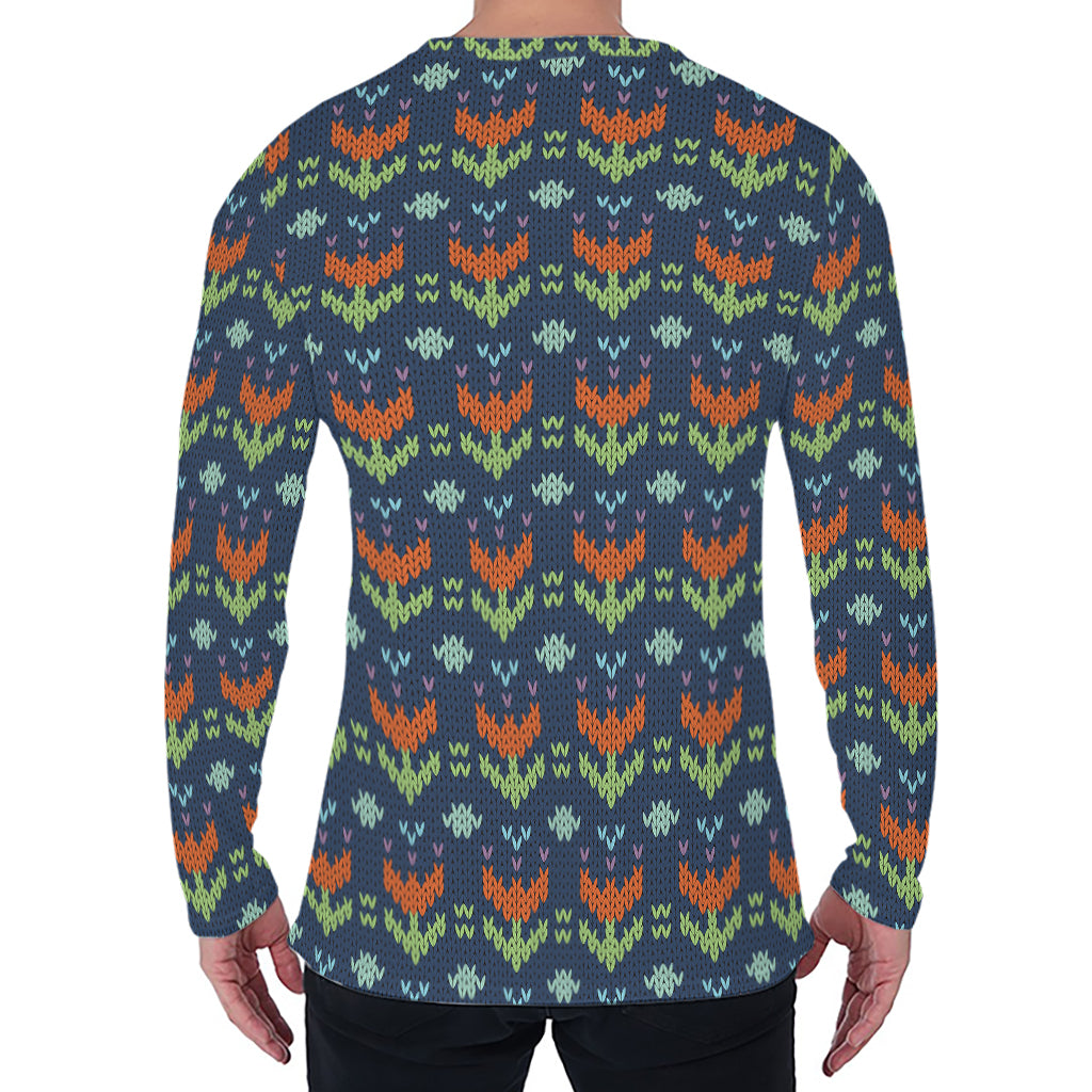 Flower Knitted Pattern Print Men's Long Sleeve T-Shirt
