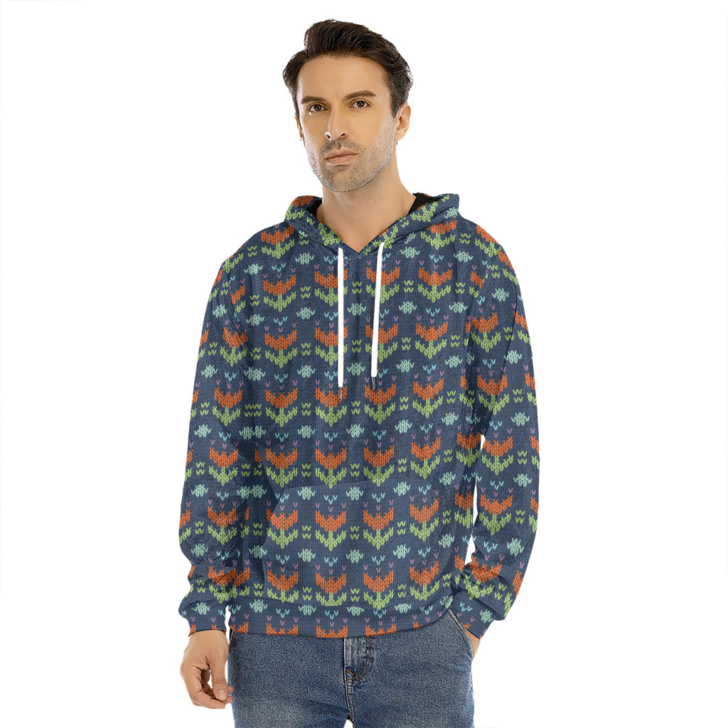 Flower Knitted Pattern Print Men's Velvet Pullover Hoodie