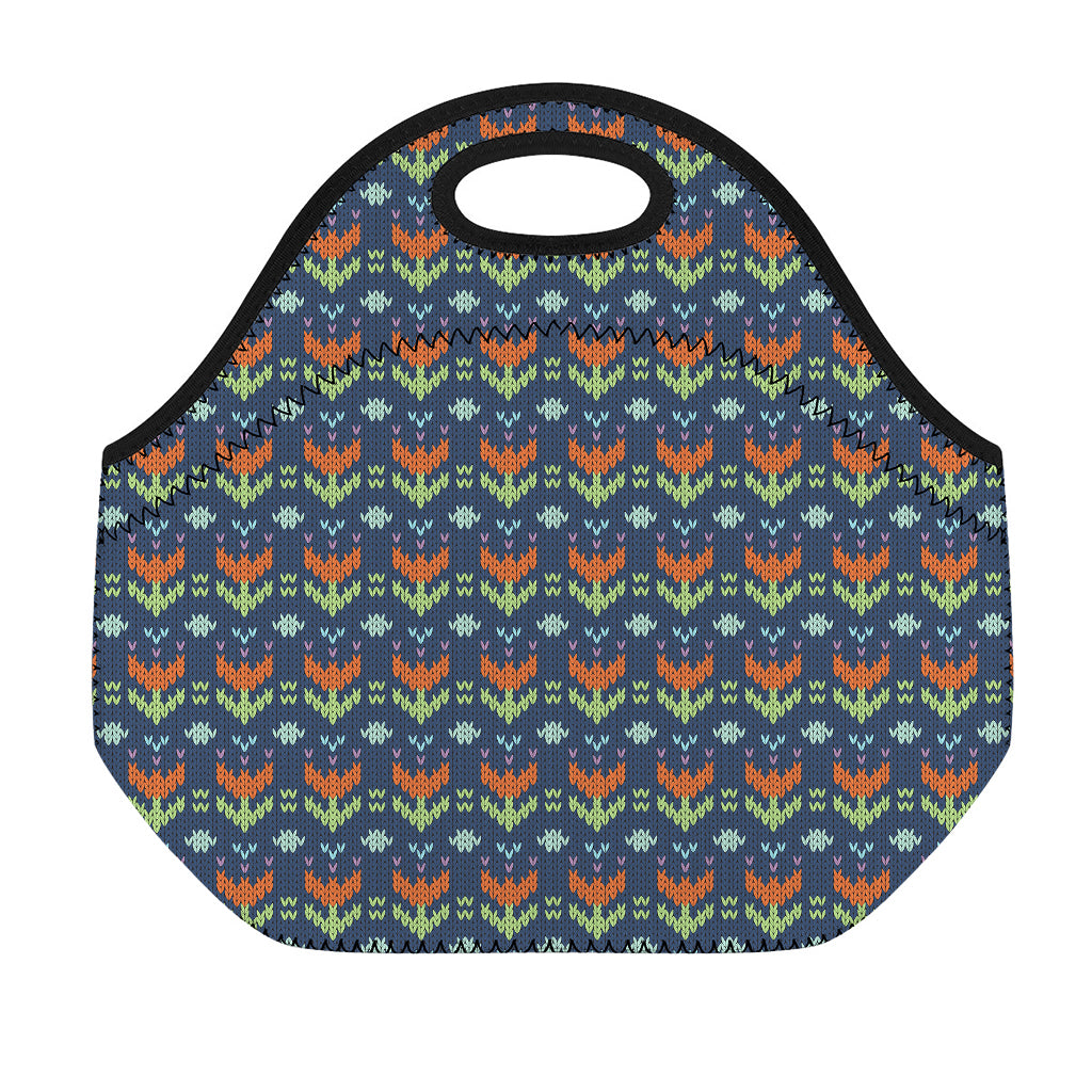 Flower Knitted Pattern Print Neoprene Lunch Bag