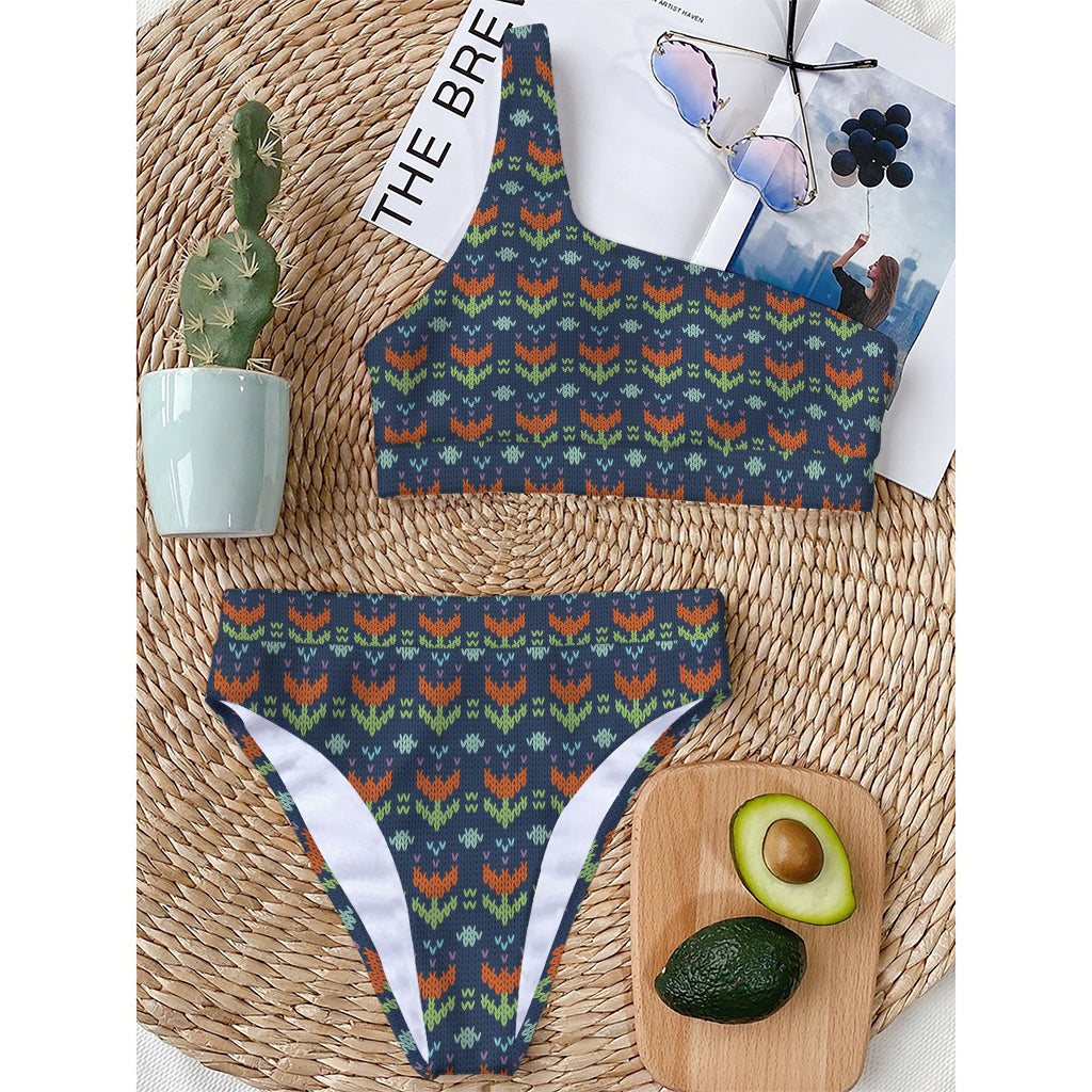 Flower Knitted Pattern Print One Shoulder Bikini Top