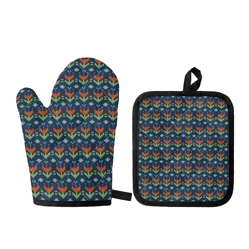 Flower Knitted Pattern Print Oven Mitt And Pot Holder Set