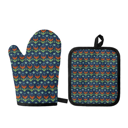 Flower Knitted Pattern Print Oven Mitt And Pot Holder Set