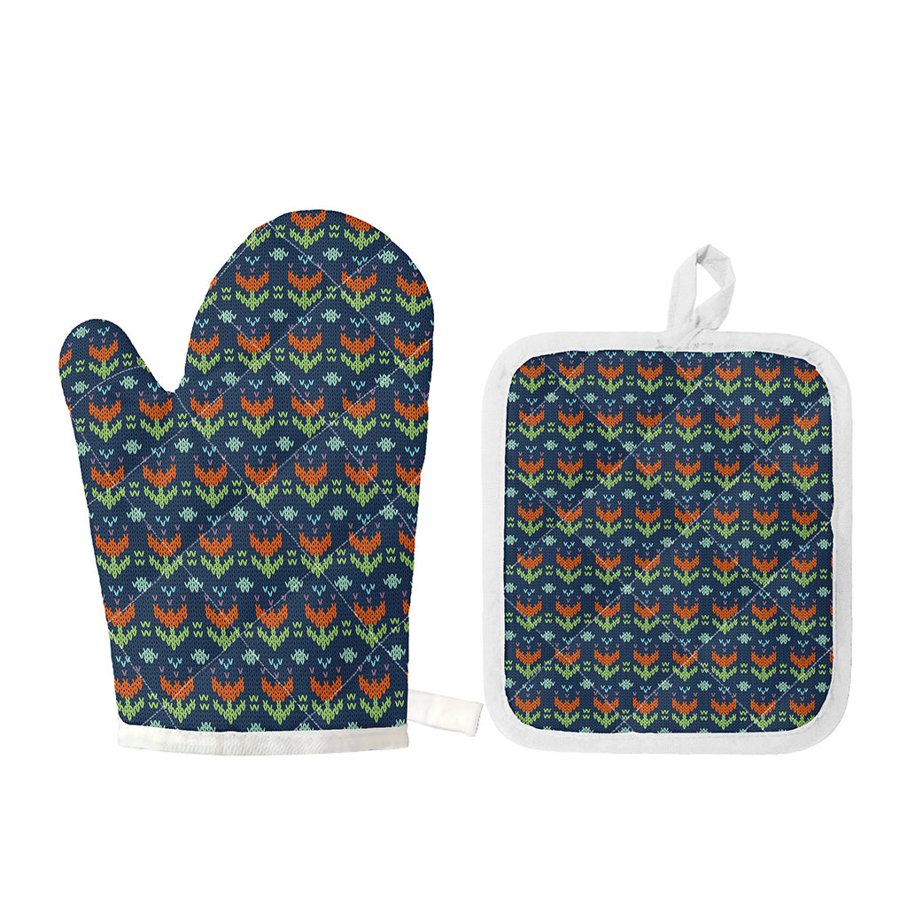 Flower Knitted Pattern Print Oven Mitt And Pot Holder Set