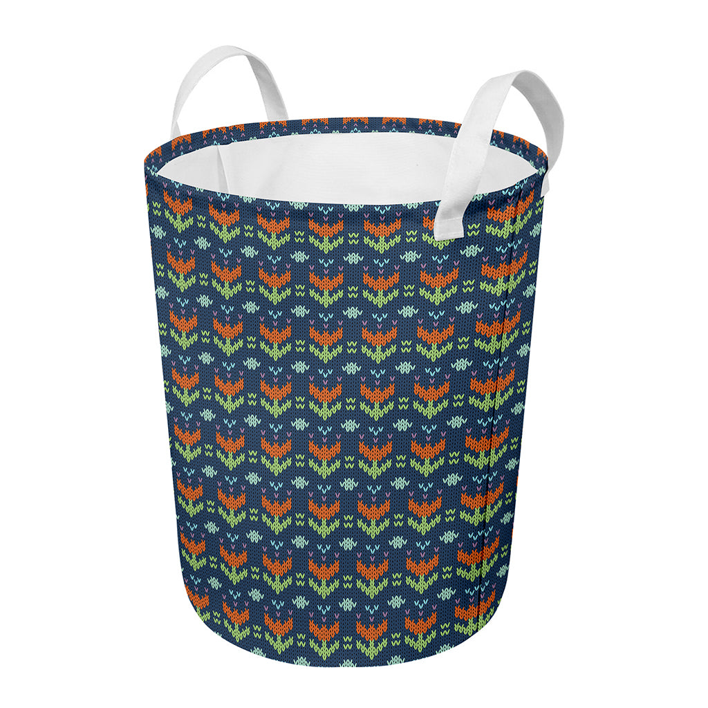 Flower Knitted Pattern Print Round Laundry Basket