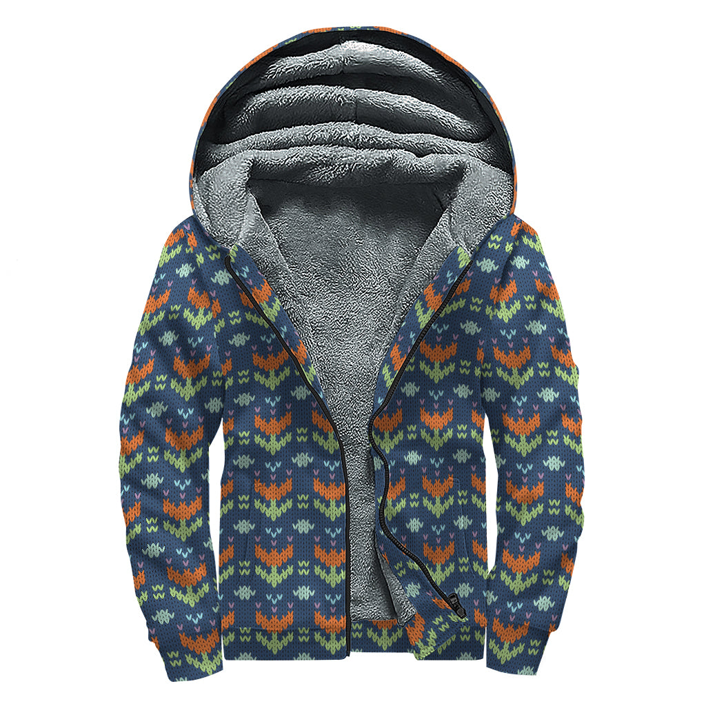 Flower Knitted Pattern Print Sherpa Lined Zip Up Hoodie