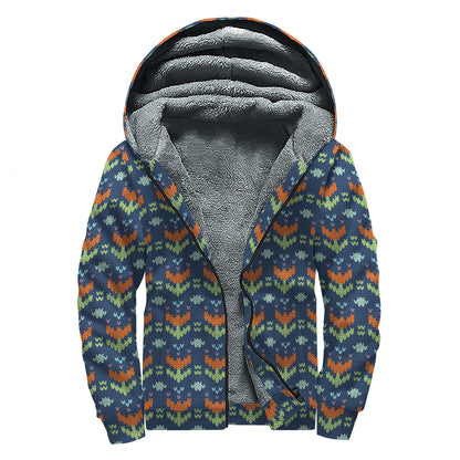 Flower Knitted Pattern Print Sherpa Lined Zip Up Hoodie
