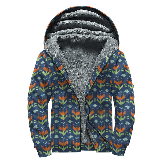 Flower Knitted Pattern Print Sherpa Lined Zip Up Hoodie